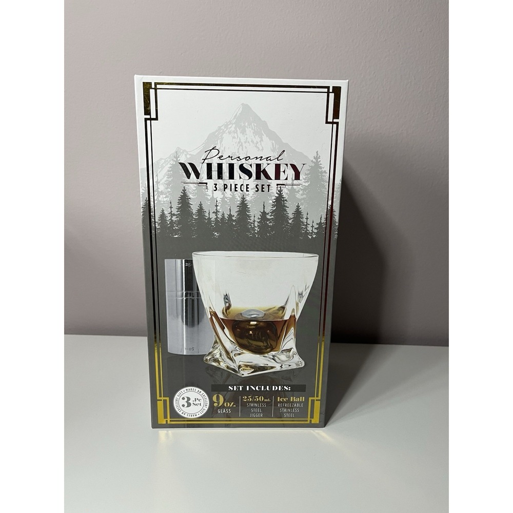 Personal Whiskey 3 Piece Gift Set Glass, Jigger, Ice Ball Barware Whiskey Lover